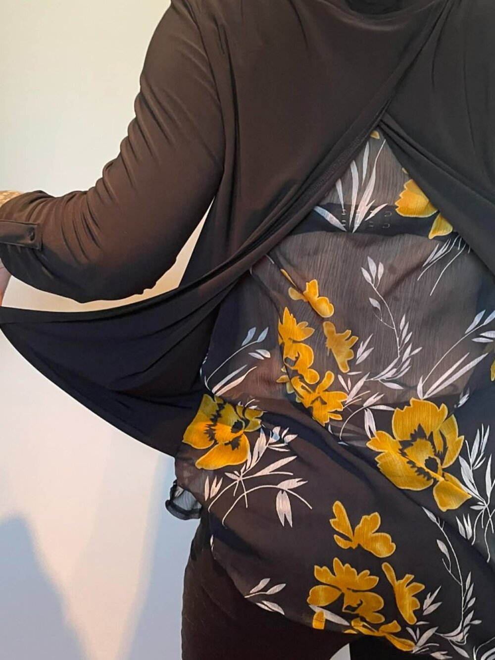 TANGO MANGO BLACK TUNIC TOP FLORAL SHEER BACK, ARTSY, BOHO LAYERED BLOUSE W. MED